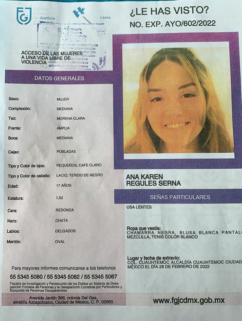 MetroCDMX's tweet photo. Se activa la #AlertaAmber para localizar a Ana Karen Regules Serna de 17 años, fue vista por última vez el 26 de febrero de 2022, en la colonia Cuauhtemoc Alcaldía Cuauhtemoc, Ciudad de México. https://t.co/WbqX1u0kMB