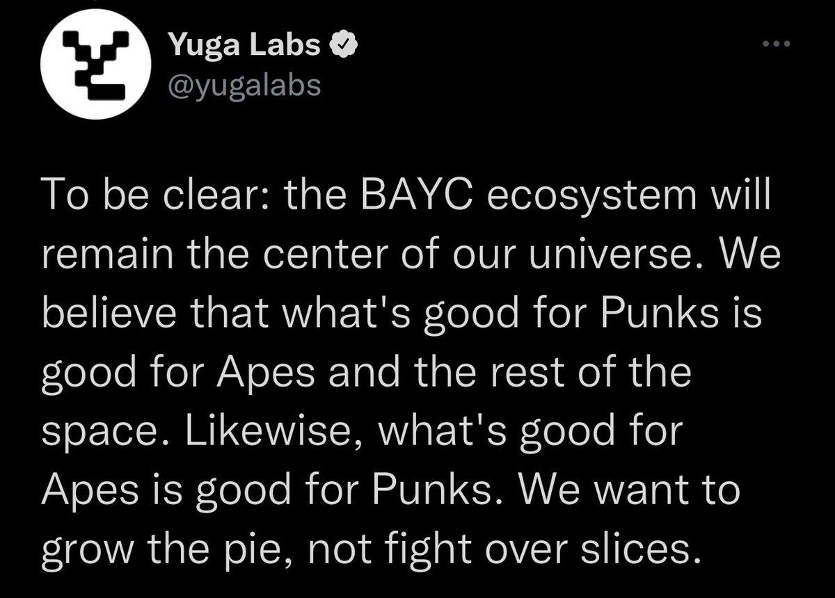 The <a href="/BoredApeYC/">Bored Ape Yacht Club 🍌</a> “want to grow the pie not fight over slices”.

More acquisitions coming? 🤔