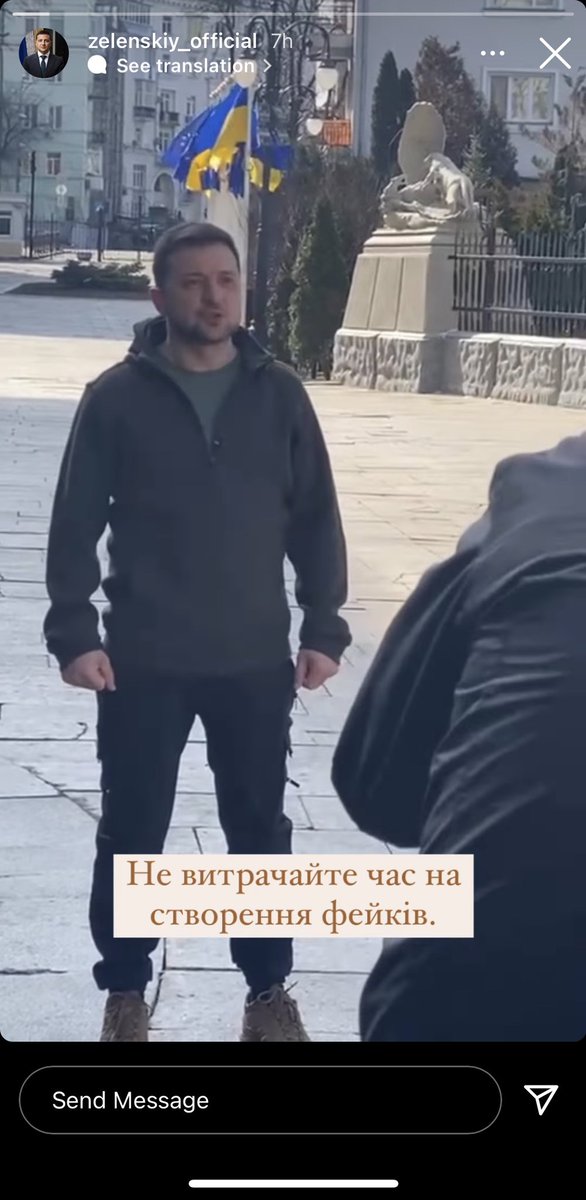 President Zelensky standing outside the Ukrainian Presidential Administration yesterday filming one of his now famous wartime addresses and showing he hasn’t left town. “Don’t waste time creating fakes,” he says.