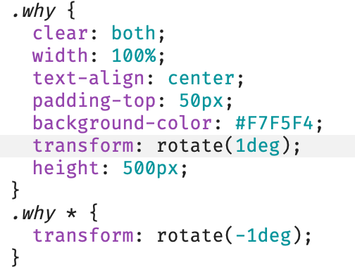 ThatgirlVikki's tweet photo. {CSS} tidbit of the day: one way to fix rotated text caused from transform: rotate(1deg) is to call the section * and use transform: rotate(-1deg) to get straight text in a rotated section #100DaysOfCode #100Devs #CSStip https://t.co/g4vIQtJSLN