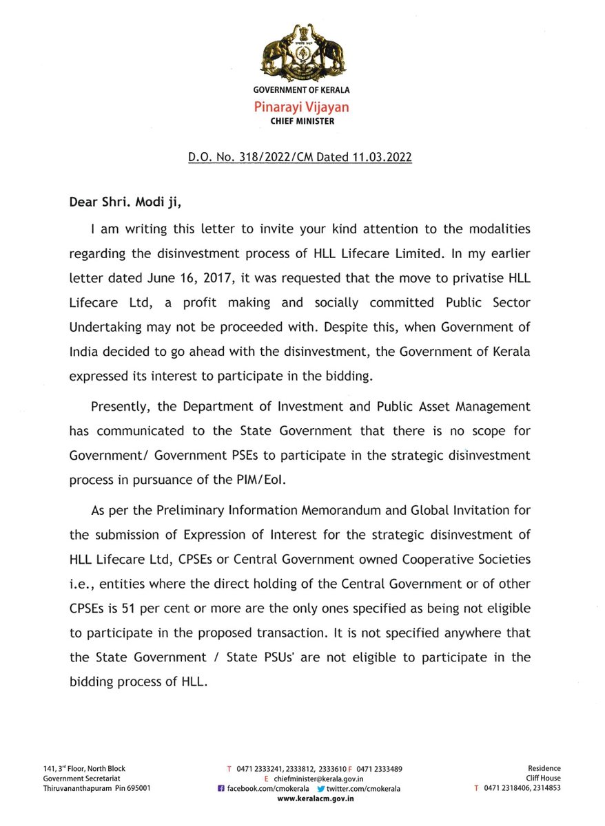 pinarayivijayan's tweet photo. Requested @PMOIndia Shri Narendra Modi Ji to revoke the Union Govt.'s decision to prohibit the State Govt. from participating in the strategic disinvestment of @HLLLifecare &amp; uphold the spirit of cooperative federalism that allow States to decide on its own in such matters. https://t.co/FmCiCruojE
