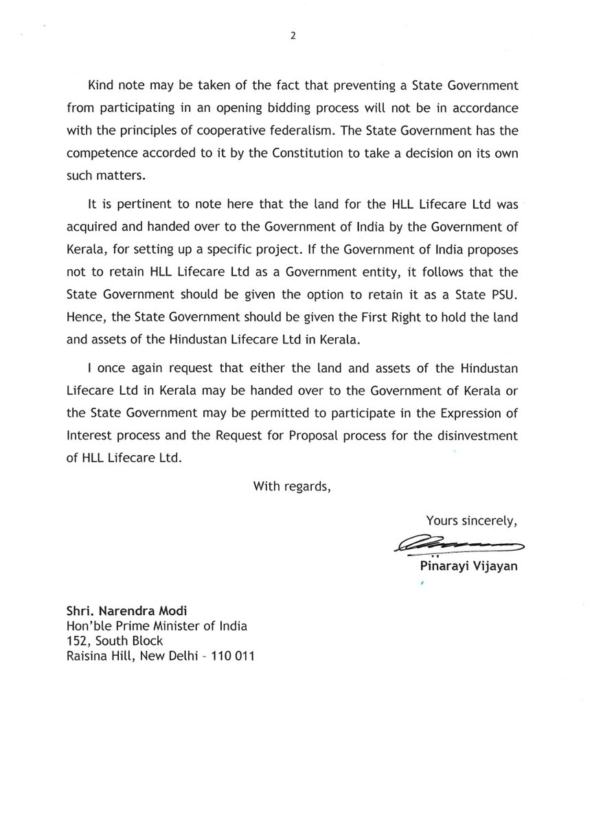 pinarayivijayan's tweet photo. Requested @PMOIndia Shri Narendra Modi Ji to revoke the Union Govt.'s decision to prohibit the State Govt. from participating in the strategic disinvestment of @HLLLifecare &amp; uphold the spirit of cooperative federalism that allow States to decide on its own in such matters. https://t.co/FmCiCruojE