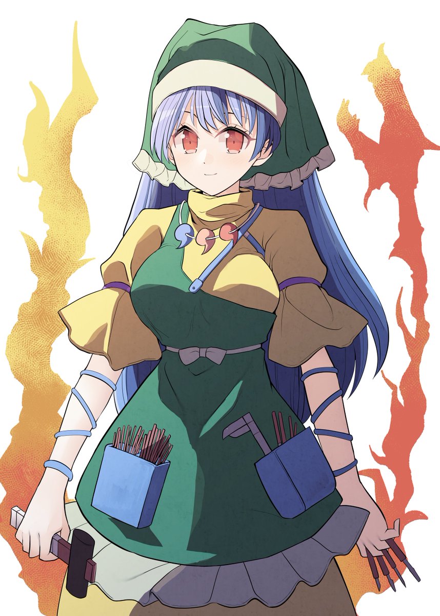 haniyasushin keiki 1girl solo long hair green apron dress blue hair magatama  illustration images