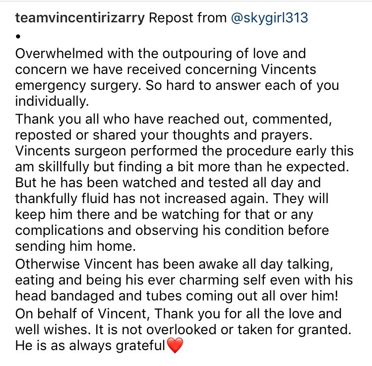 TeamIrizarry's tweet photo. Update from @VincentIrizarry and Yvonne @skygirl313 following his emergency surgery today #VincentIrizarry #DAYS #AMC #StateOfMind #WildWestChronicles #GL #SB #YR #BB https://t.co/0pbhF53Kby