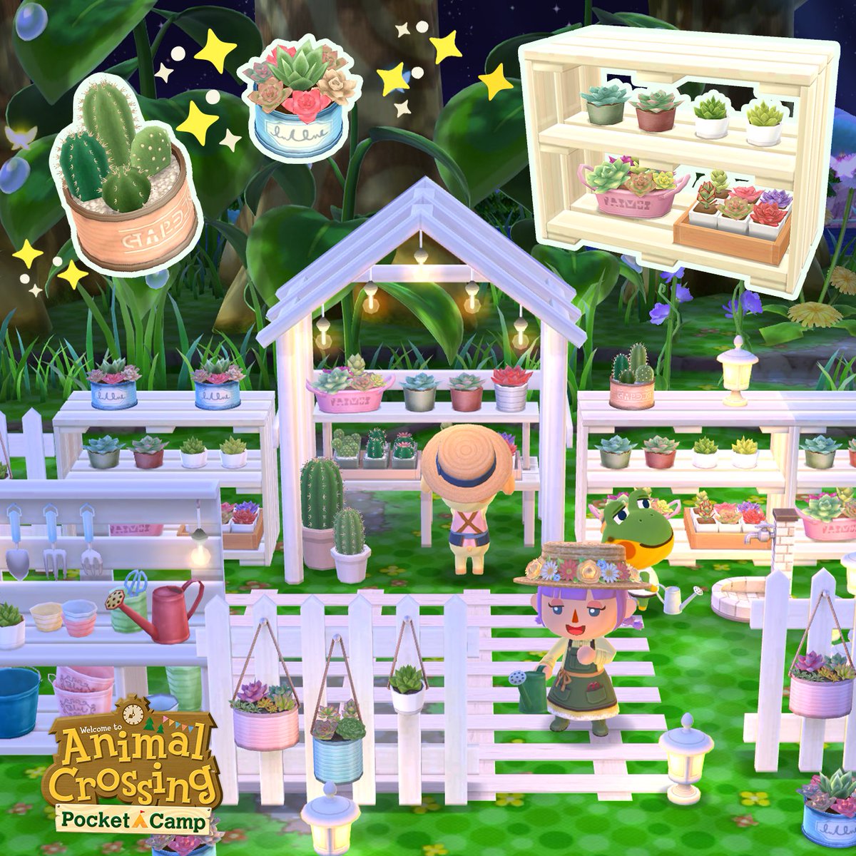 Pocket_Camp's tweet photo. A fishing tourney is on now! This time, you can get succulent-themed furniture perfect for a backyard garden. Plus, tomorrow's new clothing collection features stylish gardening outfits to match! Get those green thumbs ready, campers! https://t.co/M1Lg4E0UjH