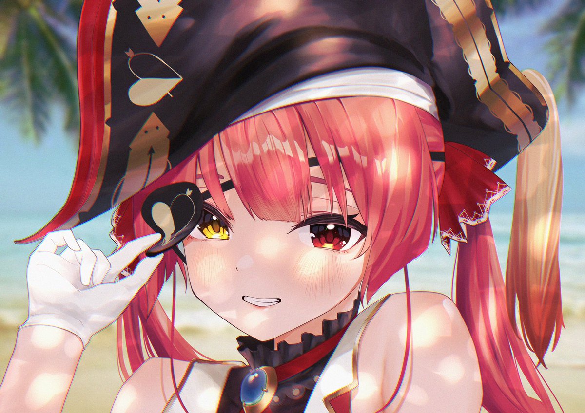 houshou marine 1girl solo red hair twintails pirate hat eyepatch red eyes  illustration images