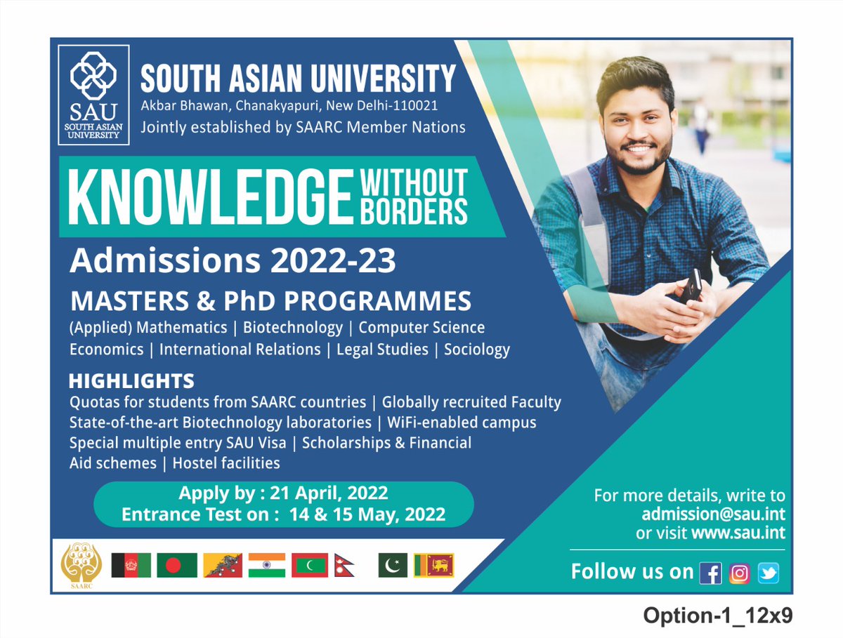 Have you applied yet? 

If not, click on the link below to apply today to a programme of your choice. 
sau.int/admissions/adm…

#sauadmissions2022 #KnowledgeWithoutBorders #SAARC #StudyinIndia #mastersdegree #PhDprogram