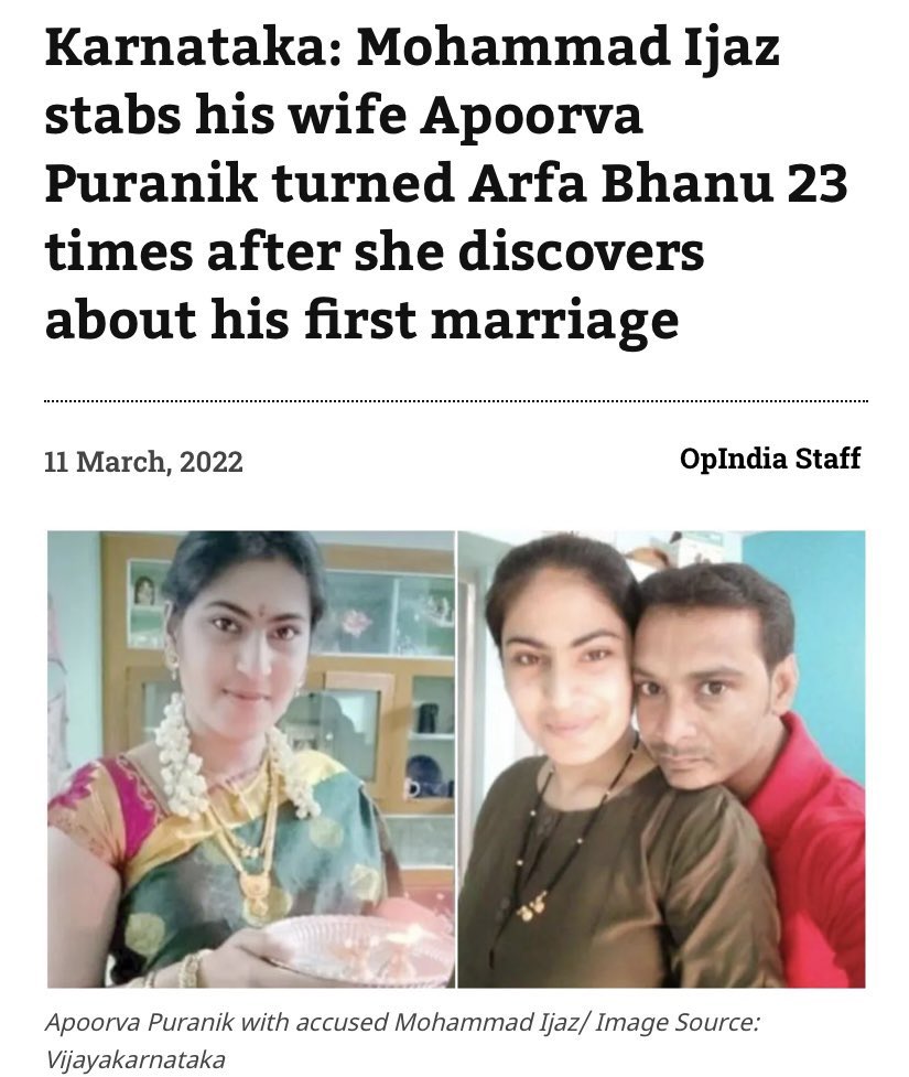 ShefVaidya's tweet photo. Apoorva Puranik, a MBA graduate married auto driver Mohammad Ijaz and became Arfa Bano. Mohammad Ijaz was already married and repaid her love by stabbing her with an axe 23 times. But hey, #LoveJihaad doesn’t exist! https://t.co/Nx3zjG2x3C