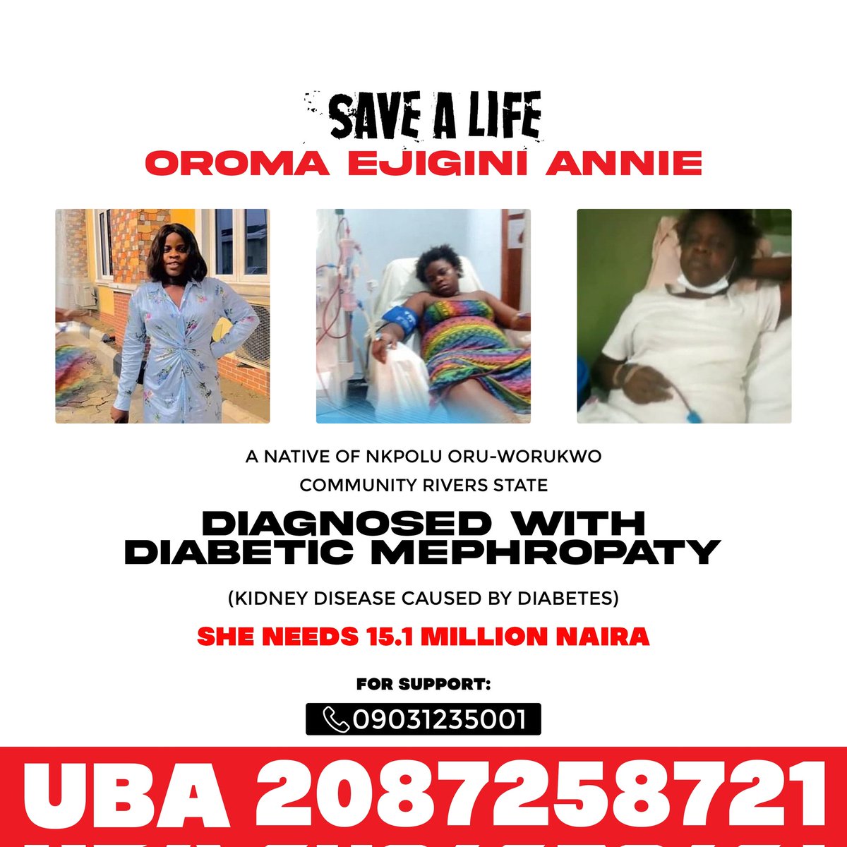 Vechiallen's tweet photo. Please Help RETWEET To SAVE A LIFE.

My childhood friend and class mate  Annie Oroma Ejigini was Diagnosed with DIABETIC MEPHROPATY A Kidney Disease Caused by Diabetes.

Annie is currently in a critical condition as she needs a sum of 15 million naira for her treatment #Saveannie https://t.co/Xzz9K1BHeR