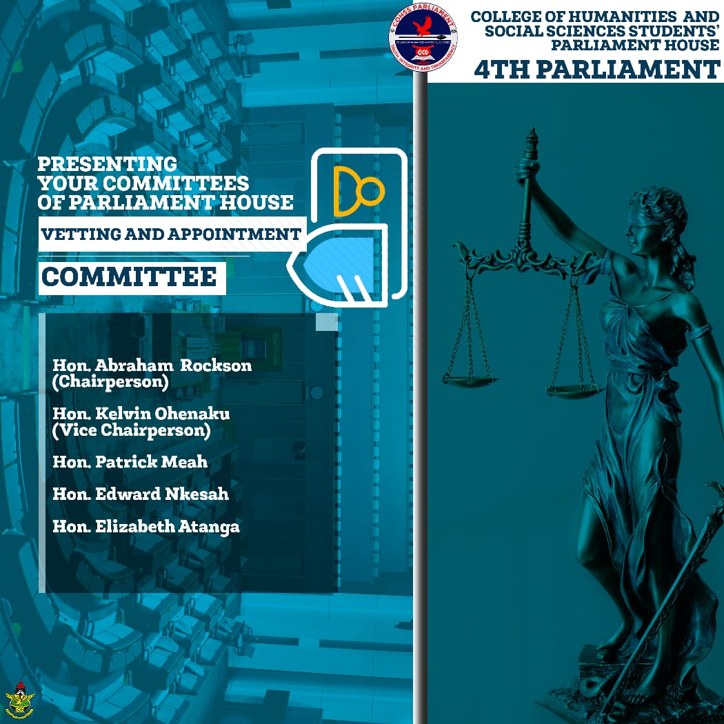 According to Part 12 of the Standing Orders of the House, the 4 th Parliament of <a href="/CoHSSknust_/">CoHSS KNUST</a>  presents to you the Committees of the House. 
<a href="/src_parliament/">KNUST SRC PARLIAMENTARY COUNCIL</a> @KSB_KNUST <a href="/KnustSocial/">Social Sciences Society-KNUST</a> <a href="/Knust_Lsu/">Law Students' Union- KNUST⚖️</a>