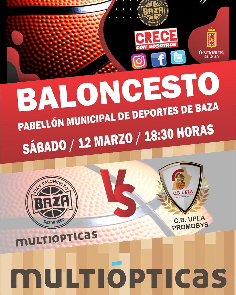 cbbaza's tweet photo. Tenemos PARTIDAZO, en juego los puestos de cabeza, jugadores internacionales , ... HOY A LAS 18.30 todos apoyar a nuestro equipo por estar arriba en el baloncesto andaluz @grupodentia @ViverosZuaime @AytoBaza @mo_multiopticas #metafer @Baza_noticias https://t.co/CuEbtK4jHP
