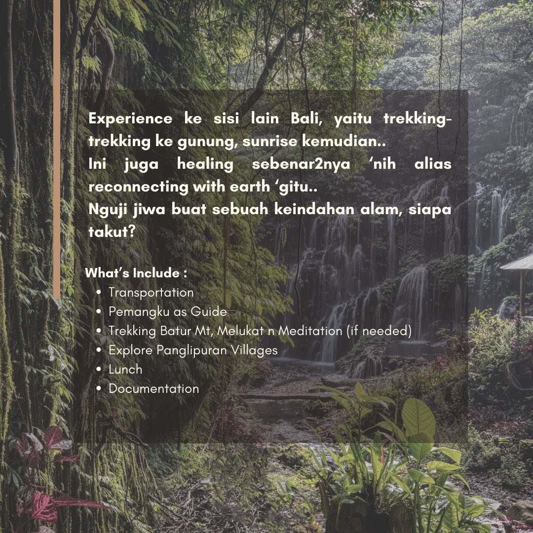 Segoro_Tour's tweet photo. Spiritual Escape, emang agak2 ‘deep’ bgt, nih..
Kaya lebih bawa body n soul kamu ke alam..
Fungsinya buat menenangkan diri dari rutinitas kesibukan hari-harinya kamu.
Yuk, cobain healing yg sebenarnya. 

Check di @Segoro_Tour yaa..
#healingbali #sisilainbali #spiritualescape https://t.co/lpiv8NYGAb