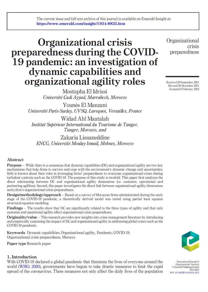 manzani_el's tweet photo. Our new article about Organizational Crisis Preparedness during The COVID-19 Pandemic has just been published in the International Journal of Organizational Analysis. Many thanks to my great co-authors @Elidrissi__M @ZakariaZkr
Link : https://t.co/SOfjxf8FME https://t.co/h7oUFBDS2x