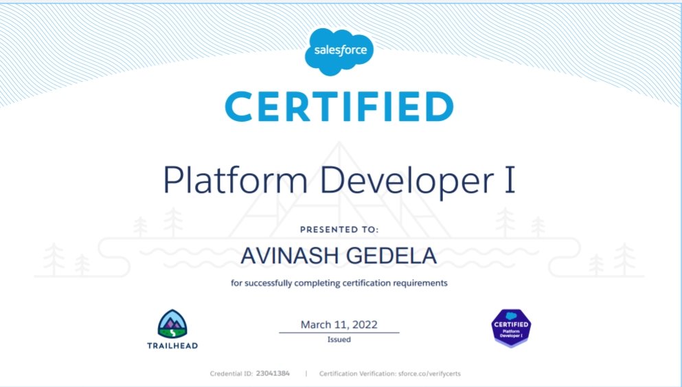 GedelaAvinash's tweet photo. The journey of learning and getting certified still continues. Happy to share my 1st certification in Salesforce. Thank you for supporting @satyagoluguri sir.
@MVGRCEA @Bhanz19 @RenitaSFerreira
#salesforcecertified 
#salesforce
#Pd1 https://t.co/Es6w9UxZnV