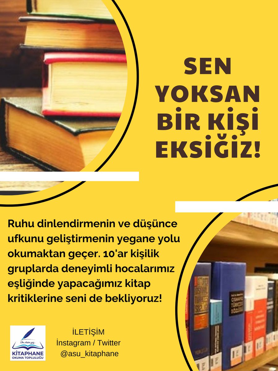 Sen yoksan bir kişi eksiğiz!
<a href="/asu_kitaphane/">KİTAPHANE Okuma Topluluğu</a> 
#kitaphaneokumatopluluğu