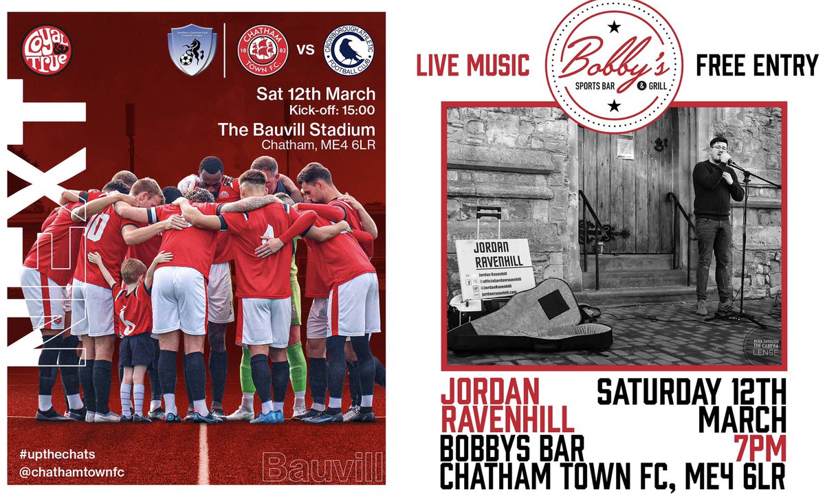 BobbysSportsBar's tweet photo. Action packed afternoon @ChathamTownFC .. 1st team are in action from 3pm with Man Utd being shown live after followed by @JordanRavenhill to complete our evening ๐ธ๐น๐คโฝ๏ธโฝ๏ธ๐ดโซ๏ธ #upthechats #livemusickent https://t.co/lq7gBg4oCS