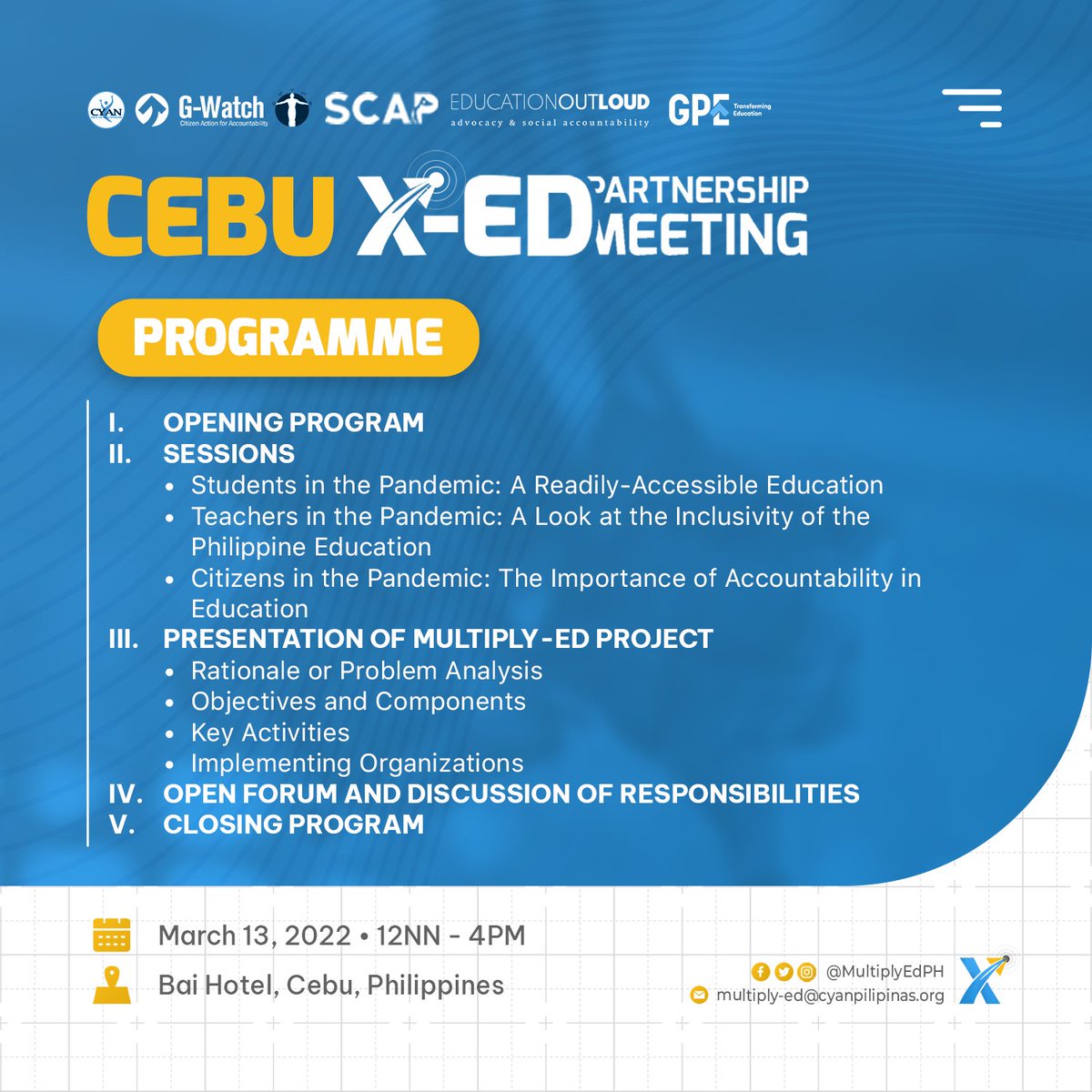MultiplyEdPH's tweet photo. UGMA NA! βοΈ
Tomorrow is the official commencement of the #XEdCebu CSO Partnership Meeting. Here's the schedule to give you an overview of what will happen. https://t.co/OmtP30k8fU