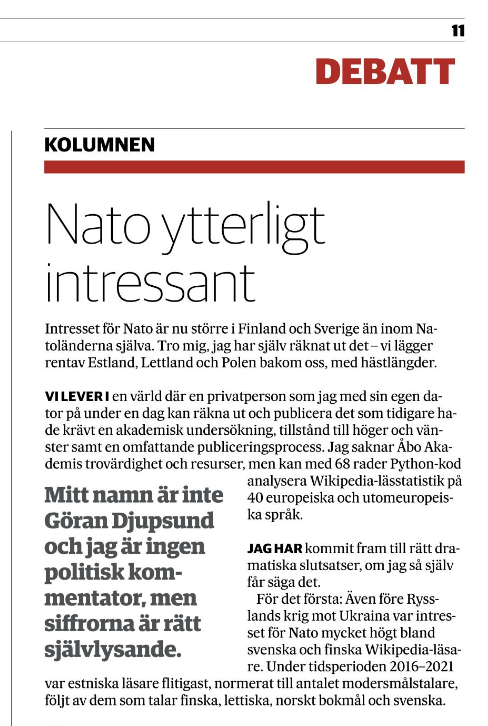 Kaj Arnö (@kajarno) on Twitter photo Vore inte Sveriges ytterligt höga – med Data Science i detalj dokumenterade – intresse för #Nato värt att noteras i #Sverige? <a href="/SvD/">Svenska Dagbladet</a> <a href="/pwolodarski/">Peter Wolodarski</a> <a href="/aftonbladet/">Aftonbladet</a> <a href="/expressen/">Expressen</a> <a href="/natobloggen/">Natobloggen</a> abounderrattelser.fi/nato-ytterligt… projektfredrika.fi/nato/ Vore inte Sveriges ytterligt höga – med Data Science i detalj dokumenterade – intresse för #Nato värt att noteras i #Sverige? <a href="/SvD/">Svenska Dagbladet</a> <a href="/pwolodarski/">Peter Wolodarski</a> <a href="/aftonbladet/">Aftonbladet</a> <a href="/expressen/">Expressen</a> <a href="/natobloggen/">Natobloggen</a> abounderrattelser.fi/nato-ytterligt… projektfredrika.fi/nato/