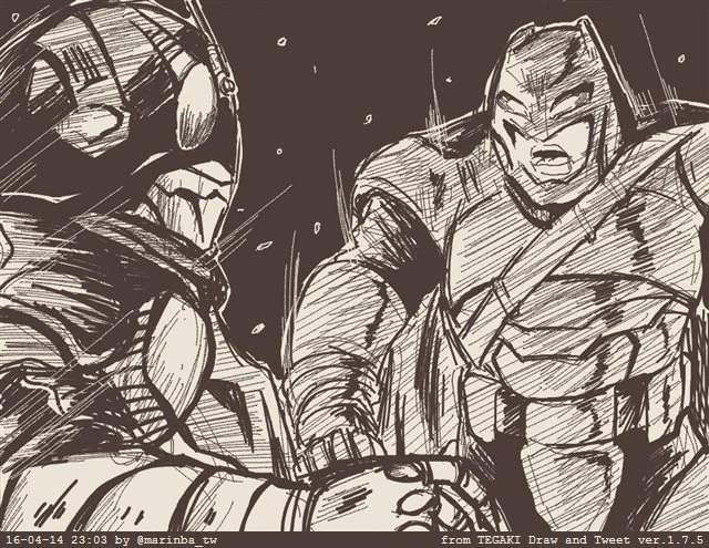 バットマンってこれくらいしか描いたことなかった。バットマンVSスーパーマンに出てきたアーマードバットマンと、同時期くらいに公開してた仮面ライダー1号が戦ってる絵。 