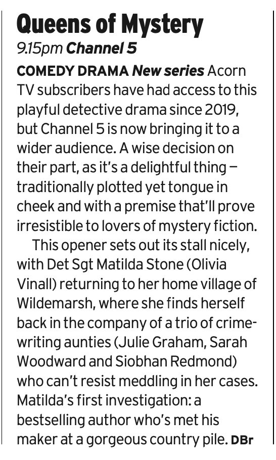 MrDavidEBrown's tweet image. This may have gone under your radar: Channel 5 is showing season 1 of Acorn TV's Queens of Mystery tonight at 9.15pm. Cosy crime fans will love it. My @RadioTimes preview #QueensOfMystery