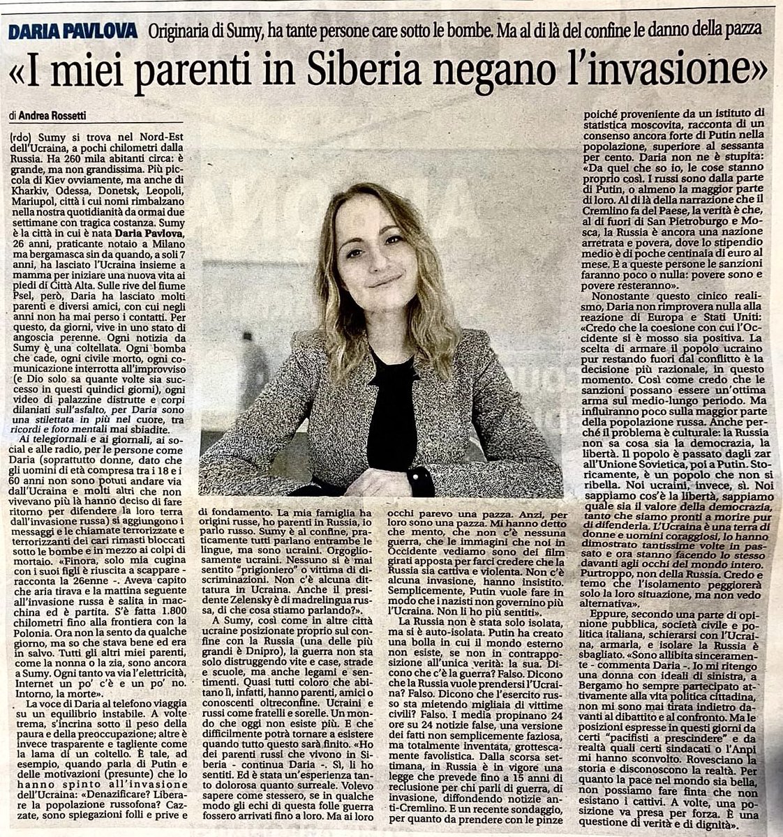 giorgio_gori's tweet photo. “Ho dei parenti russi che vivono in Siberia - dice Daria, nata in Ucraina - per loro sono una pazza. Mi hanno detto che mento, che non c’è nessuna guerra, che le immagini che noi vediamo in Occidente sono film girati apposta per farci credere che la Russia sia cattiva e violenta” https://t.co/BvsqCphTC6