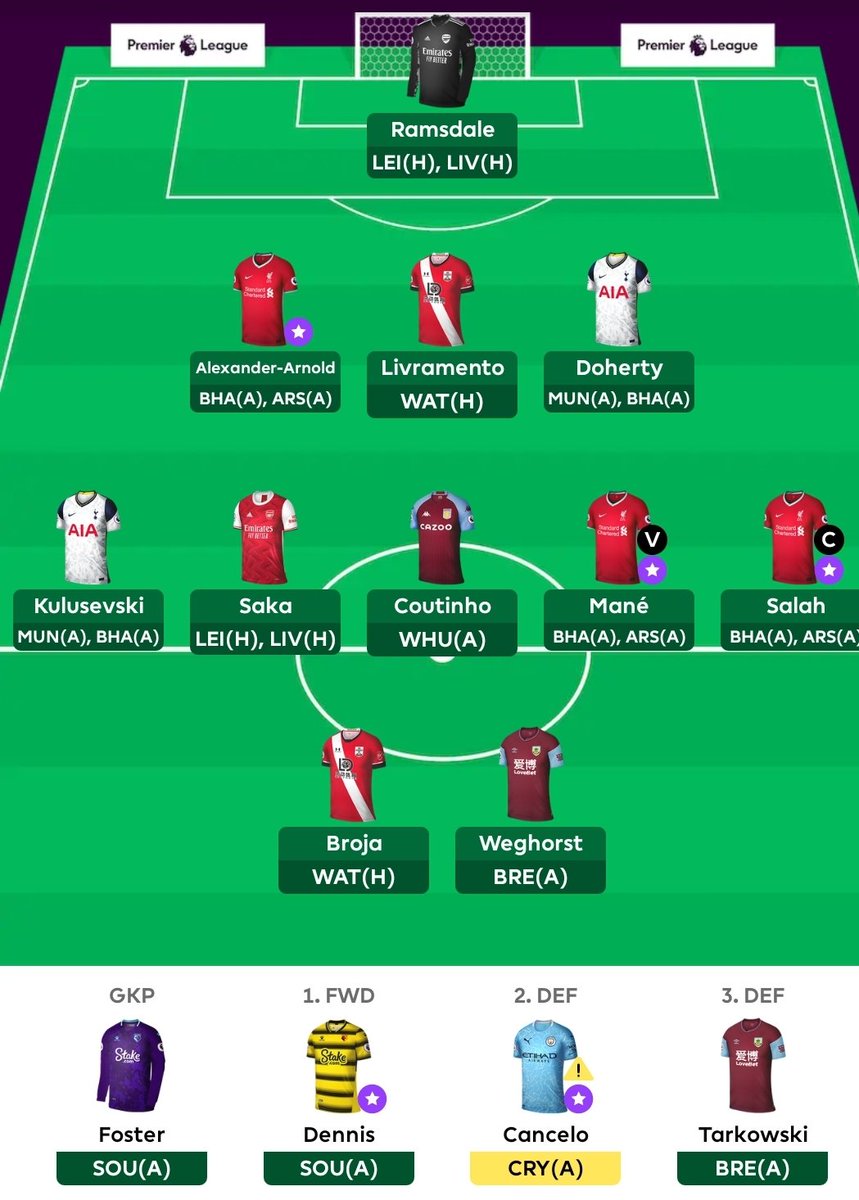 VladBogos's tweet photo. Another #noFPL weekend for me, but prepared to cash in points in DGW29.

2 transfers (-4)
James ➡️ Doherty
Bowen ➡️ Kulusevski

7 DGW players, happy with that. Obvious captain.

2 free hits &amp; the WC still available for the season finale.

OR 674k

Good luck! #FPL https://t.co/L1HPpQN8Wc