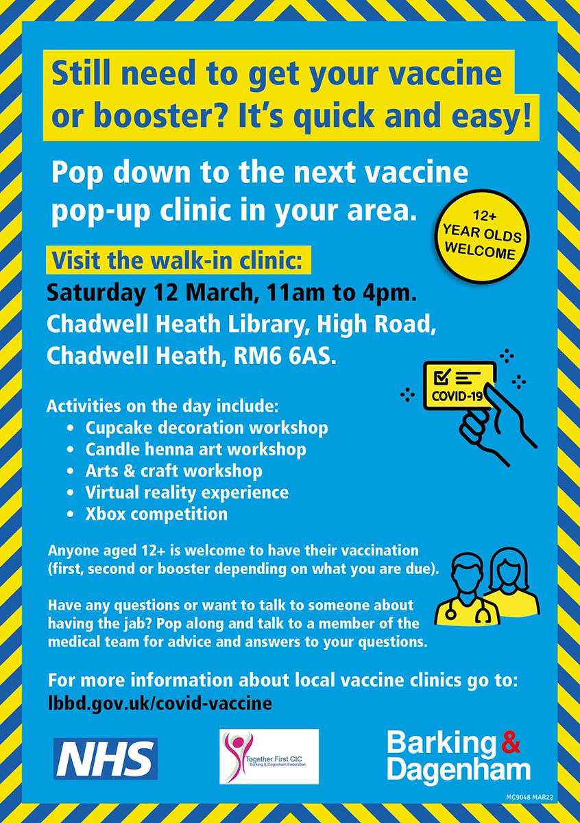 Join us TODAY, for our next pop-up #COVID19 vaccine/booster clinic, from 2.30pm - 6.30pm at⬇️  

📍Chadwell Heath Library, High Rd, Chadwell Heath, RM6 6AS

No appointment, proof of immigration status or NHS number needed. Just show up and get the jab.🎊