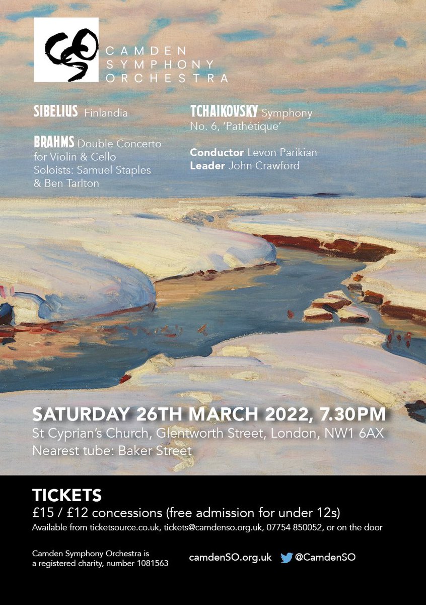 CamdenSO's tweet photo. We’re starting to get very excited about our spring concert. Sibelius, Brahms and Tchaikovsky all on the programme. 1930 on 26 March at @stcypriansnw1. Ticket info below. Hope to see you there! https://t.co/n2iGaalQjD