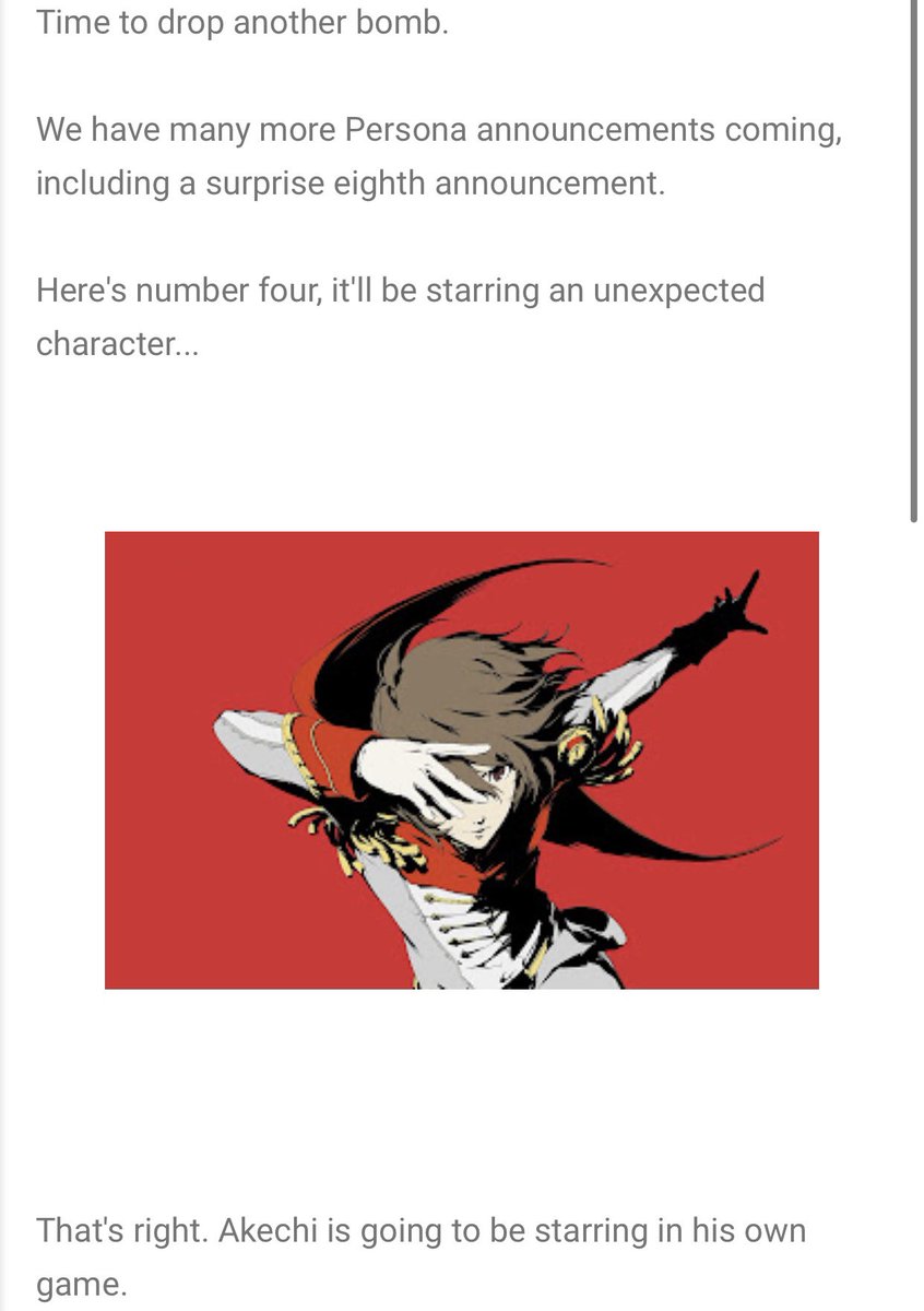 ScrambledFaz's tweet photo. Zippo claims that the next Persona 25th anniversary announcement is gonna be an Akechi-focused game. 

He was also the first person to talk about Persona 4 Arena Ultimax back in the summer of 2021, and also claimed that P4G is coming to consoles.

Take this with a grain of salt https://t.co/ZbiFn9jFbl