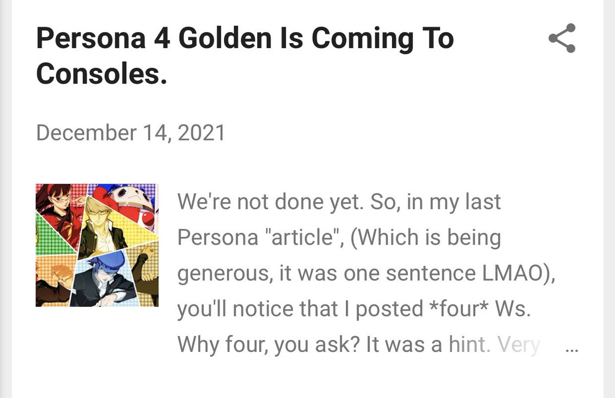 ScrambledFaz's tweet photo. Zippo claims that the next Persona 25th anniversary announcement is gonna be an Akechi-focused game. 

He was also the first person to talk about Persona 4 Arena Ultimax back in the summer of 2021, and also claimed that P4G is coming to consoles.

Take this with a grain of salt https://t.co/ZbiFn9jFbl