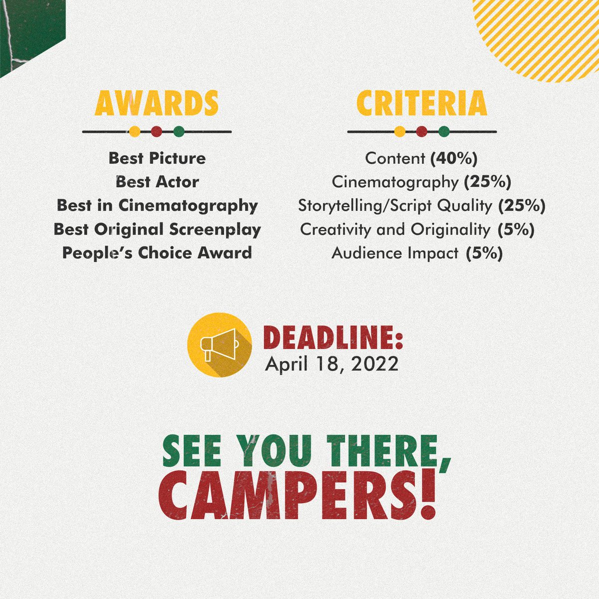 PedXingCamp's tweet photo. LIGHTS 💡 CAMERA 📸 ACTION 🎬
Ped Xing 13 presents its first ever film festival entitled Caught in 4K: Politics in Film 🎬
We can't wait to see your film entries, Campers! 👀
Register now: https://t.co/il6wkyYNJT
#PedXing13 #PedXingCamp #PXYOUthInPolitics https://t.co/zFRS0IF01e