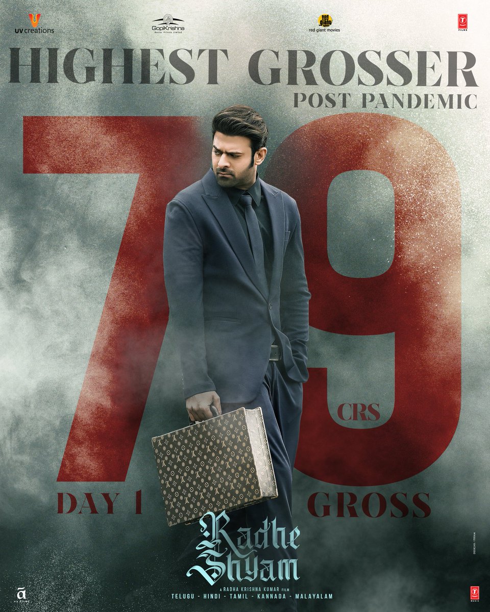 PrabhasRaju's tweet photo. #RadheShyam ruling the Boxoffice🎞️🎟️, thankyou for making the Highest Grosser film Post Pandemic with 79cr!
#BlockBusterRadheShyam ❤

Book your tickets now.

#Prabhas @hegdepooja @director_radhaa #BhushanKumar @TSeries @UV_Creations @GopiKrishnaMvs
@AAFilmsIndia @RedGiantMovies https://t.co/i66KMIQfqU