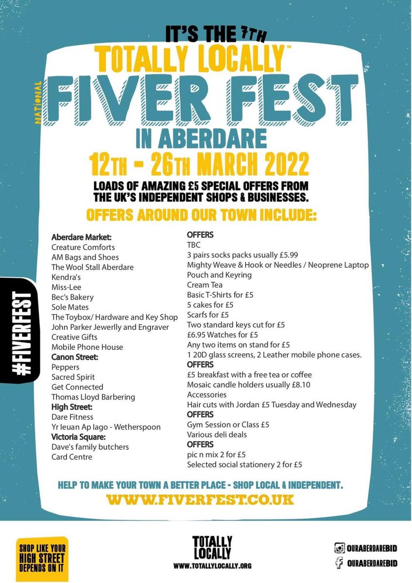 BethWinterCynon's tweet photo. ‼ @OurAberdareBID #fiverfest starts today ‼
💷#shoplocal #shoplocalaberdare #shoplocalrct - come and spend a fiver 'totally locally' to #supportlocalbusiness #SupportSmallBusiness
See below for a helpful guide to participating businesses 👇 https://t.co/1v4j7YRXkW