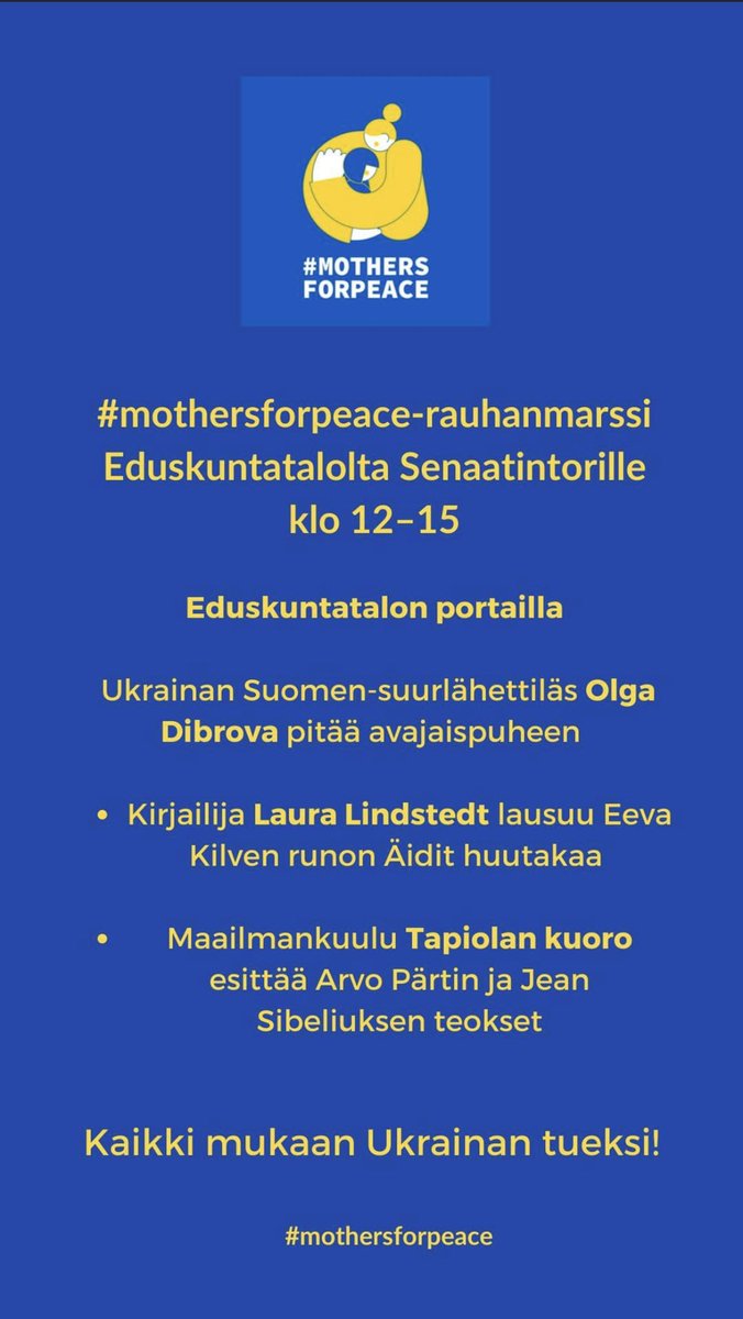 Johtyn's tweet photo. Ensin #MothersForPeace #rauhanmarssi klo 12 Eduskuntatalolta ja illalla @Yleisradio tukikonsertti? Aika huutaa EI sodalle! Kaikki mukaan! https://t.co/XV7bm3cshz