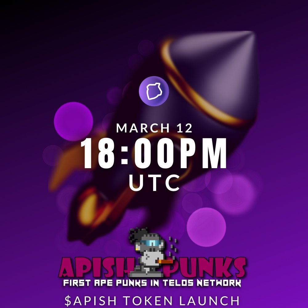 ApishPunks's tweet photo. $APISH 🤝 #TelosEVM

We are so excited for today's launch of $APISH Token 🔥🔥🔥🔥🚀🚀🚀

Set up your clocks ⏰
18:00pm UTC 

#apishpunks #telos #zappy #apishaboutzappy https://t.co/hz8QAsW85q