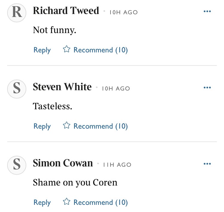 Giles Coren has delivered a ‘funny’ column of such tastelessness that even Times readers in the comments can stomach it.