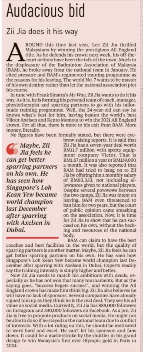 ainuddin's tweet photo. Audacious bid
Zii Jia does it his way

AROUND this time last year, Lee Zii Jia thrilled Malaysians by winning the prestigious All England title. As he defends his crown next week, his off-the-
court actions have been the talk of the town. Much to the displeasure... https://t.co/xXygTDVwKR