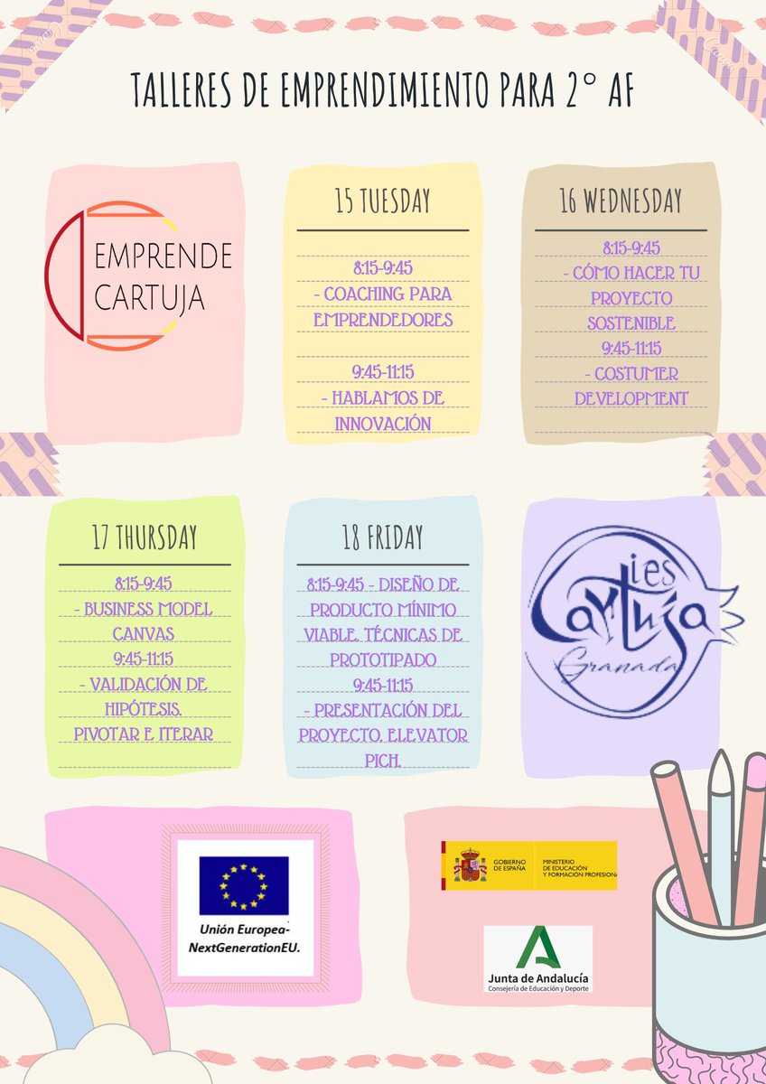 Talleres del CADE para alumnado de 2 G.S. de #AdministracionyFinanzas desde el martes 15 de marzo en #EmprendeCartuja #CyACartuja #FP 

#AulaProfesionaldeEmprendimiento 

¡Participa! 👉🏻 <a href="/Sensi_Valle/">Sensi Valle</a> <a href="/julylg83/">Julián Liñán Gómez</a> <a href="/yurevallejo_/">Yure Vallejo 🌻</a> <a href="/Natalia_LMd/">Natalia López Madero</a> <a href="/jadeelmlaky/">Jade M</a>