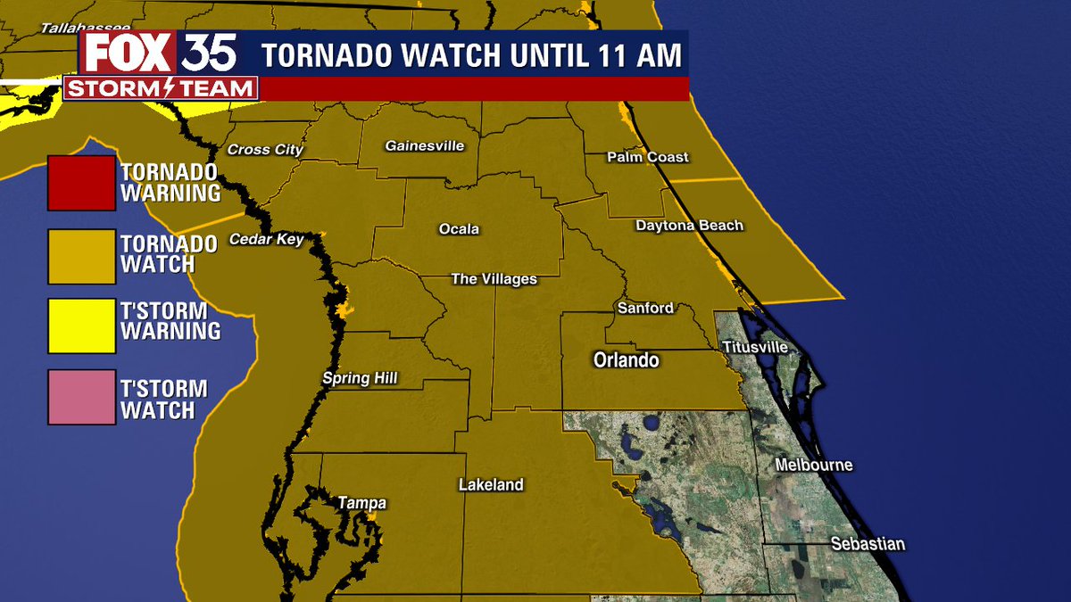 allisongargaro's tweet photo. A Tornado Watch has been issued for most of central FL until 11 a.m. A strong cold front will bring the potential for isolated tornadoes, damaging wind gusts and heavy rain. 
Download the FOX 35 Storm Team weather app to get alerts sent directly to your phone. https://t.co/cWen09rgd4
