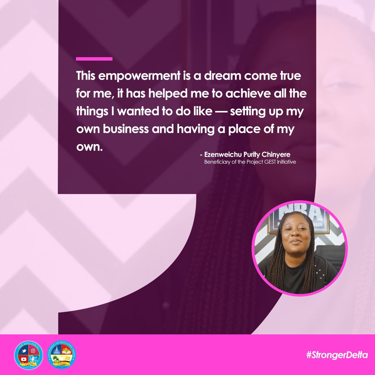 DSGovernment's tweet photo. “This empowerment is a dream come true for me, it has helped me to achieve all the things I wanted to do like — setting up my own business and having a place of my own,"
Our #BeneficiaryOfTheWeek Ezenweichu Purity Chinyere speaks about the impact of #ProjectGEST Initiative. https://t.co/rYSESSUI00