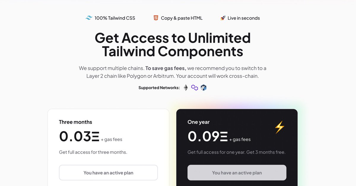 On-chain subscriptions are live! 

Get full access to our quickly growing Tailwind components library 🥳
