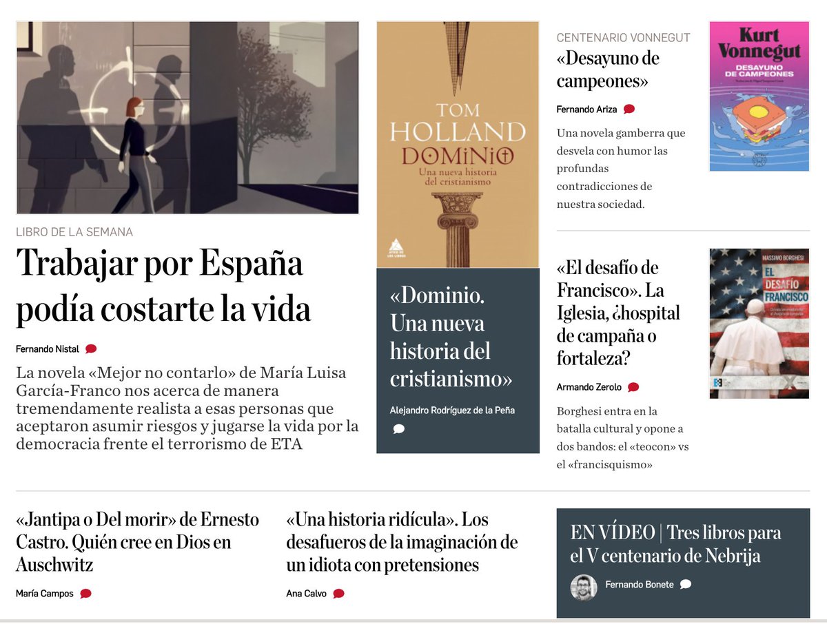 Sábado de libros en <a href="/eldebate_com/">El Debate</a> 

/ FICCIÓN / nueva novela sobre ETA de @mluisagfranco, centenario Vonnegut, lo nuevo de Landero y Ernesto Castro. 

/ ENSAYO / teocon vs francisquismo, y la historia del cristianismo de Holland

📚 eldebate.com/cultura/libros/