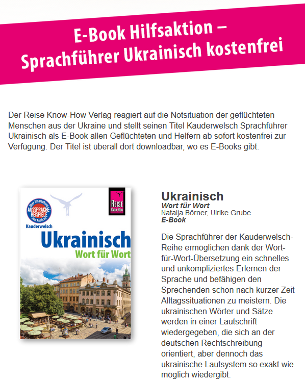 Adrian_Nikolaus's tweet photo. Der @Reise_KnowHow Verlag reagiert auf die Entwicklung in der #Ukraine und stellt seinen Titel Kauderwelsch #Sprachführer Ukrainisch als E-Book allen Geflüchteten und Helfern ab sofort kostenfrei zur Verfügung. Überall dort downloadbar, wo es E-Books gibt. https://t.co/nsYlCltJes https://t.co/7miRrcKvo2