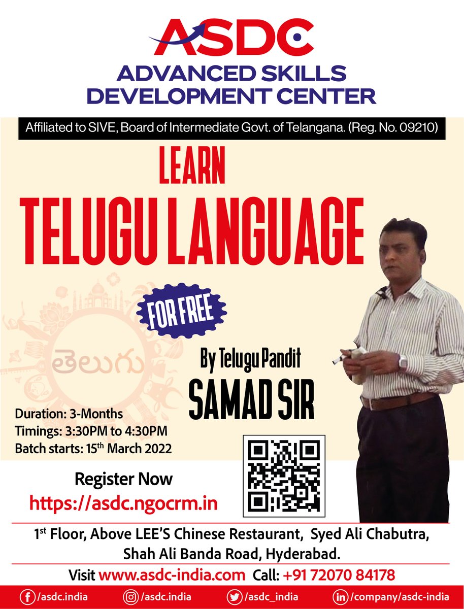 asdc_india's tweet photo. Want to learn Telugu but can't find a good Master?

Learn Spoken Telugu in 90-Days, Easy method learning, learn from basics to advanced level of Spoken Telugu. Expert and Experienced Telugu (Pandit) Master, Teach 1000s of students around the globe.

#spokentelugu #SpokenTelugu https://t.co/KBPR8gbMm4