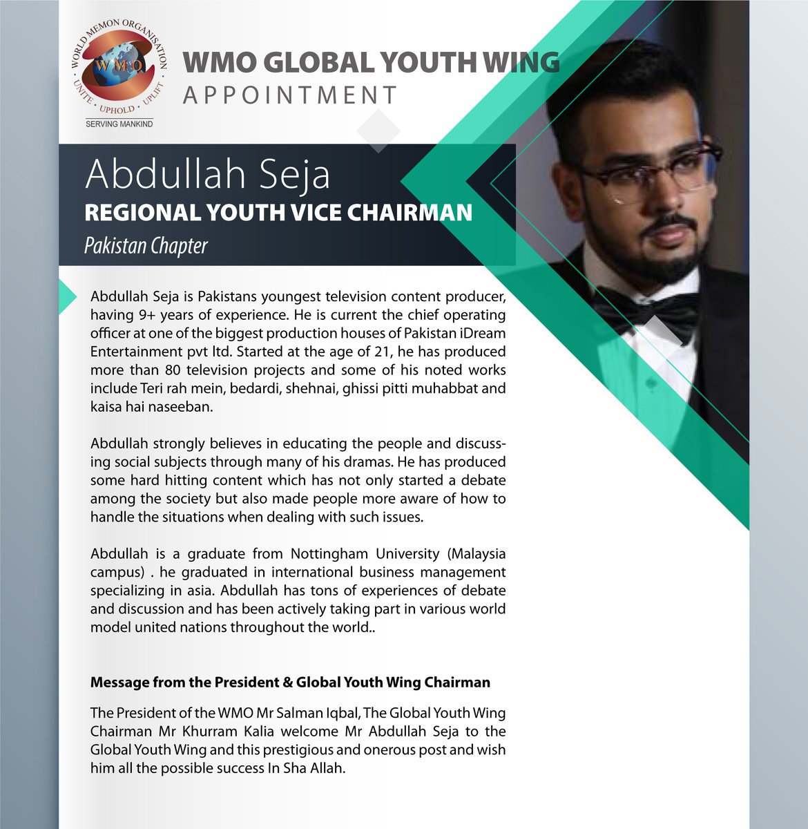 wmoworld's tweet photo. The President of the WMO Mr Salman Iqbal, The Global Youth Wing Chairman Mr Khurram Kalia welcome Mr Abdullah Seja to the Global Youth Wing and this prestigious and onerous post and wish him all the possible success In Sha Allah.
#WMOGYW https://t.co/L9ju8xdlWK
