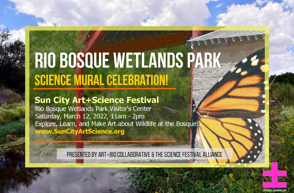 ArtBioCollab's tweet image. 🙌🏾Join us today to celebrate our new #ScienceMural at the Rio Bosque Wetlands Park on the U.S.-Mexico Border in El Paso, TX.🌟 —Explore, learn, and make art about the wildlife at the Bosque to kick off the ☀️Sun City Art Science Festival.🐍🪶 #ArtScience #SciComm #ScienceMurals