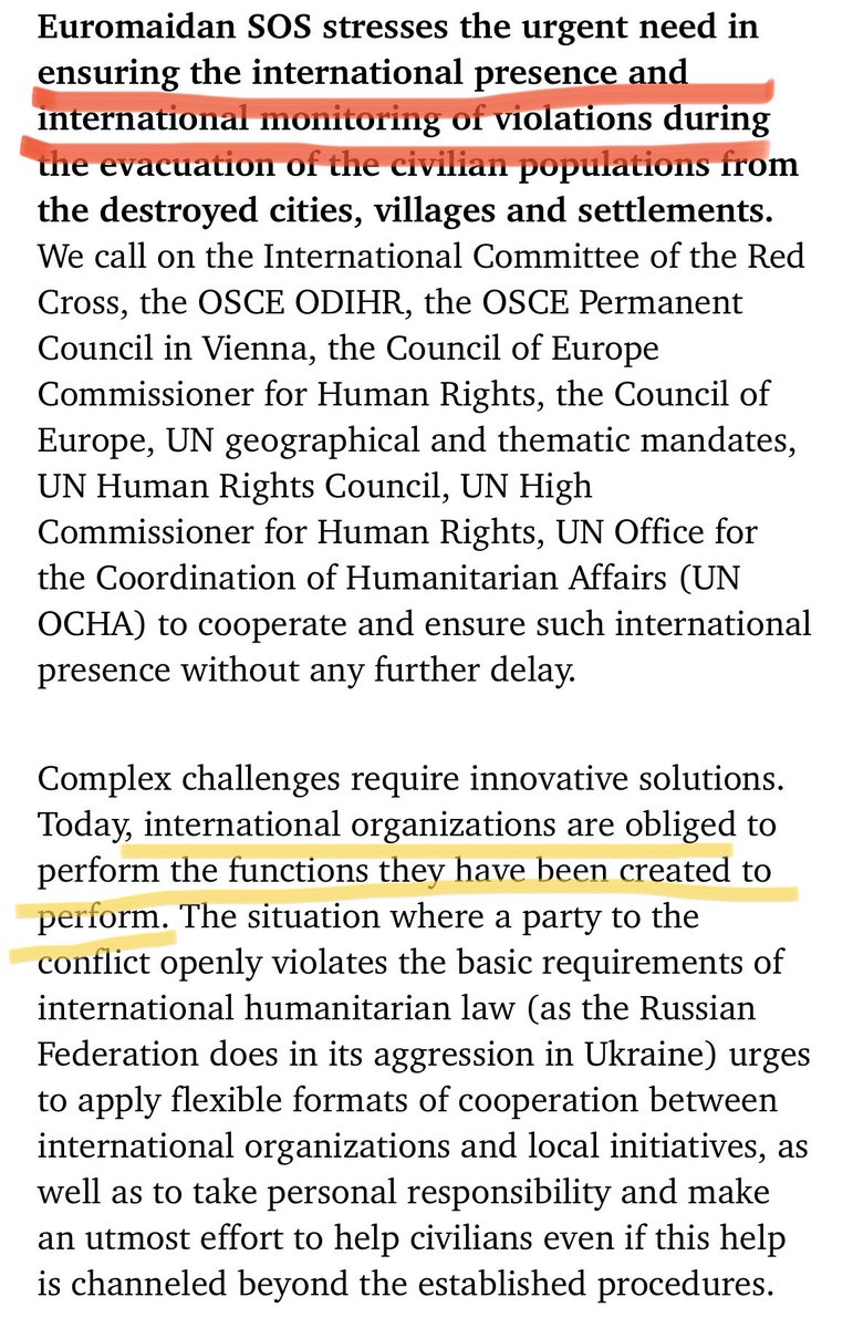 Most international organizations have evacuated their staff/moved them to safe areas. Russia doesn't allow humanitarian corridors,so volunteer initiatives are trying to break through to destroyed cities with assistance/carry out evacuations under fire at their own risk. We call👇