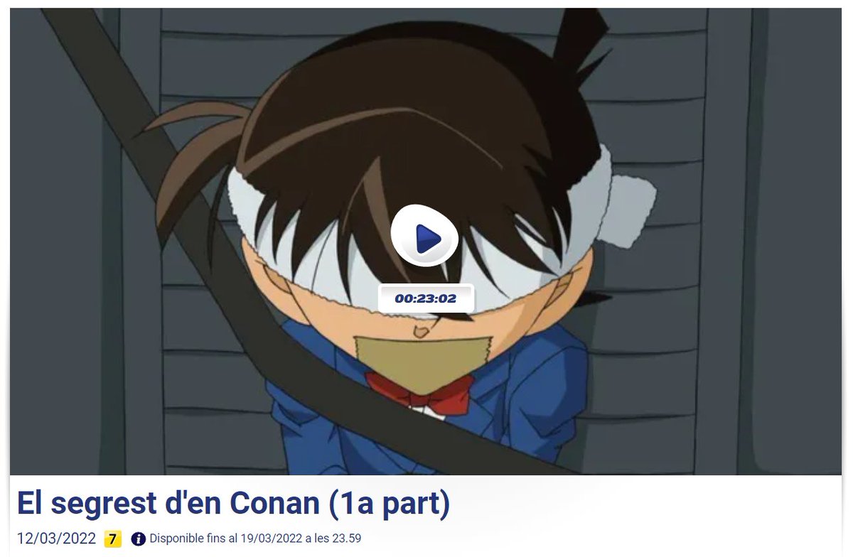 Hola! Fa unes hores TV3 ha penjat a la pàgina web del Super3 l'episodi 913 d'"El Detectiu Conan". Ara ja el teniu disponible durant una setmana. El podeu veure clicant al següent enllaç: bit.ly/3tQHHkX. Agrairia molt un retuit. Gràcies!