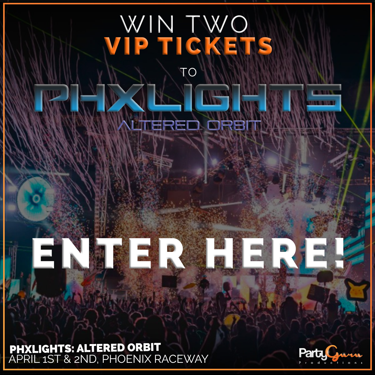 PartyGuruUS's tweet photo. 🚨🚨 MEGA CONTEST ALERT! 🚨🚨

@PartyGuruUS  is hooking one lucky winner up a pair of  VIP FULL WEEKEND Passes to @PHXLightsFest : Altered Orbit at @phoenixraceway  on April 1 &amp; 2 in Phoenix, AZ!

ENTER HERE 🎟️: https://t.co/7xSahjllHP

Winner selected Monday, March 21st https://t.co/W7nOmU2Q4e