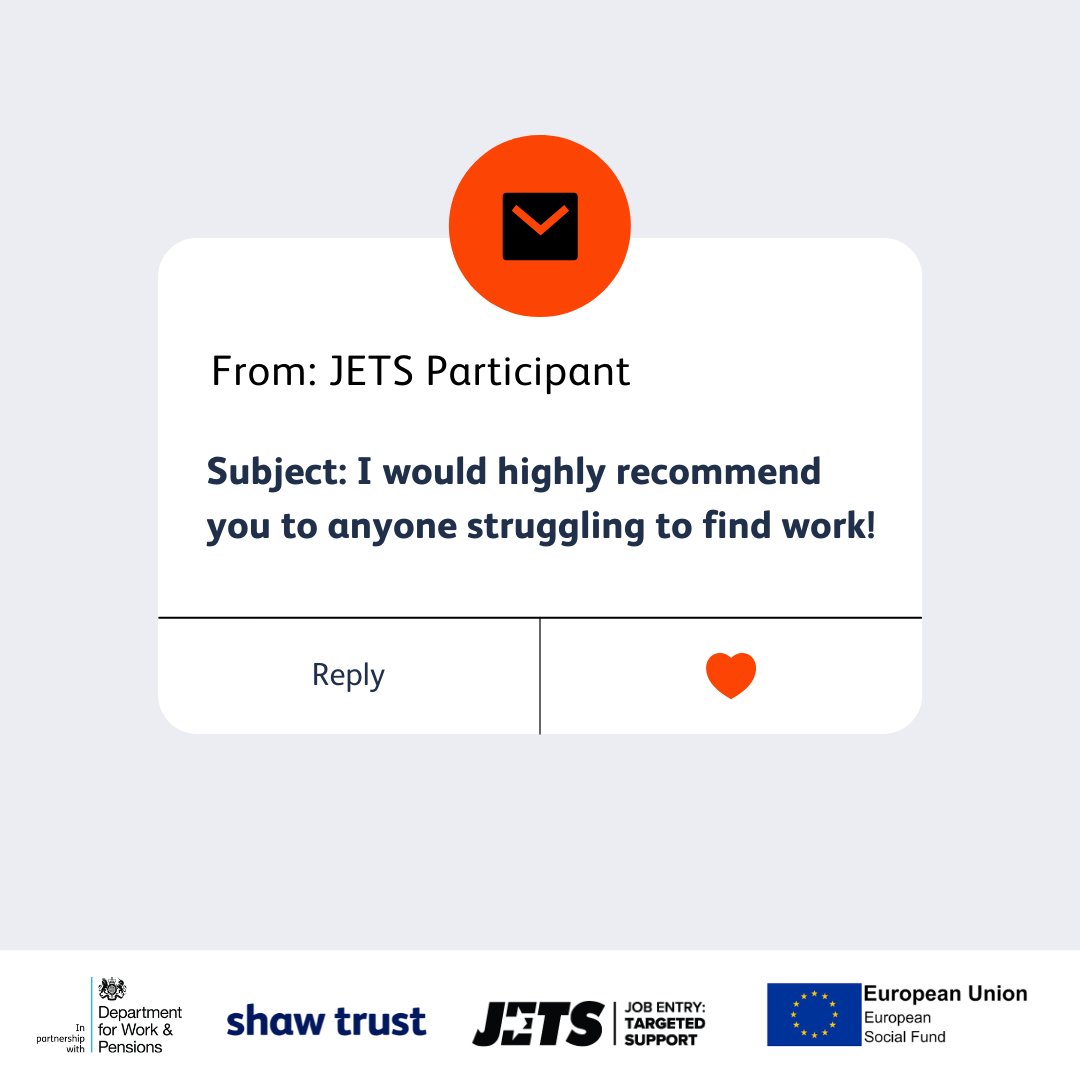 ShawTrust's tweet photo. More #FantasticFeedback here from our #JETS participants, we love to hear it!
Find out more about the JETS programme and how it can help you back into work: https://t.co/suvWaJ4w55 #ShawTrustJobs #JETSBackIntoWork https://t.co/Qw2td7Y62c